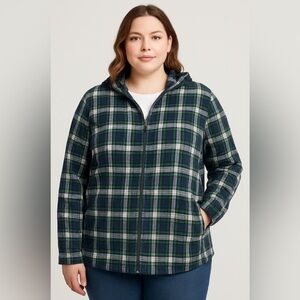 L.L. Bean jacket flannel lightweight hoodie zip Scotch plaid green blue white 1X